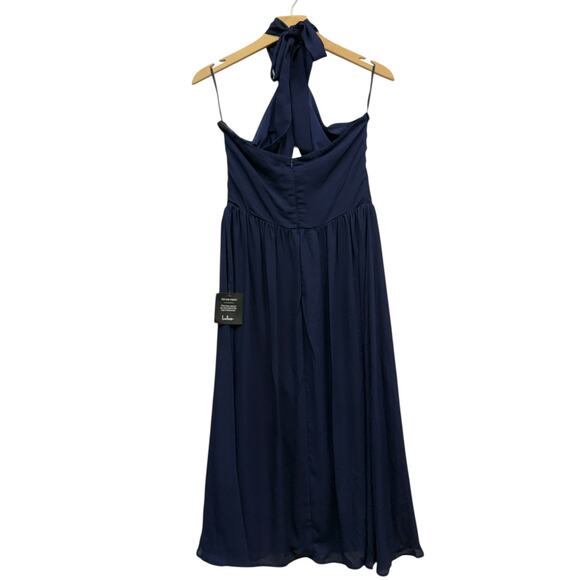 Lulus Emrah Navy Cross-Front Cutout Halter Midi Dress size Medium NWT - Picture 3 of 5